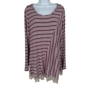 Lori Goldstein Burgundy & White Striped Long Sleeve Top W/ Lace Hem Womens 2X